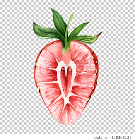 Watercolor strawberry half with heart shaped center hand painted ripe red berry slice with green leaves isolated on white background, summer fruit clipart for packaging, cards and food design Watercolor strawberry half with heart shaped center hand painted ripe red berry slice with green leaves isolated on white background, summer fruit clipart for packaging, cards and food design 138308123