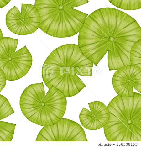 Seamless watercolor pattern with lotus leaves. Illustration of green water lilies. Perfect for textiles, wallpaper, romantic decor, cosmetics, and medical products. 138308153
