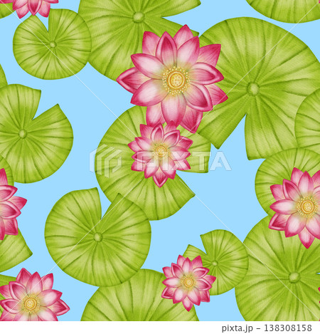 A seamless watercolor pattern featuring delicate pink lotuses, green water lilies, and flower buds. Ideal for textiles, wallpaper, romantic decor, cosmetics, and medical products. 138308158