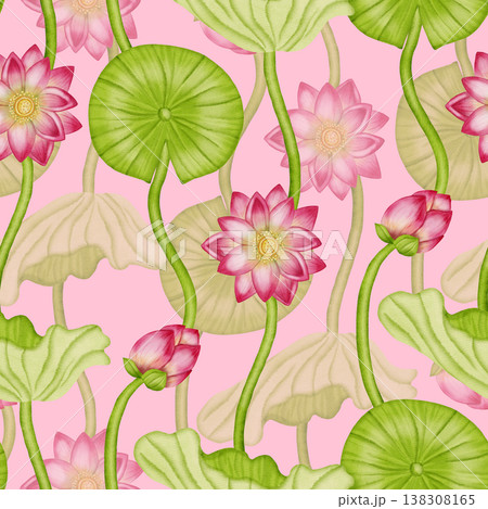A seamless watercolor pattern featuring delicate pink lotuses, green water lilies, and flower buds. Ideal for textiles, wallpaper, romantic decor, cosmetics, and medical products. A seamless watercolor pattern featuring delicate pink lotuses, green water lilies, and flower buds. Ideal for textiles, wallpaper, romantic decor, cosmetics, and medical products. 138308165