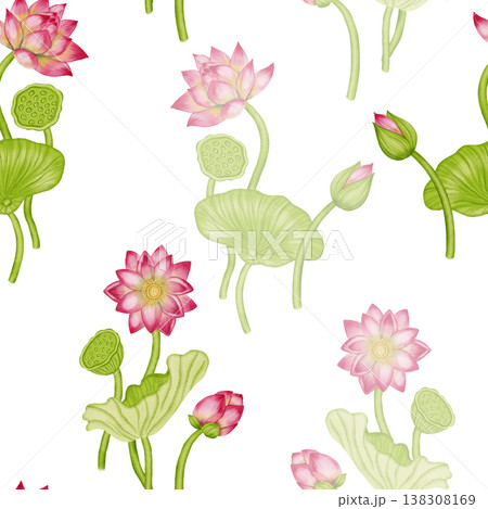 A seamless watercolor pattern featuring delicate pink lotuses, green water lilies, and flower buds. Ideal for textiles, wallpaper, romantic decor, cosmetics, and medical products. A seamless watercolor pattern featuring delicate pink lotuses, green water lilies, and flower buds. Ideal for textiles, wallpaper, romantic decor, cosmetics, and medical products. 138308169