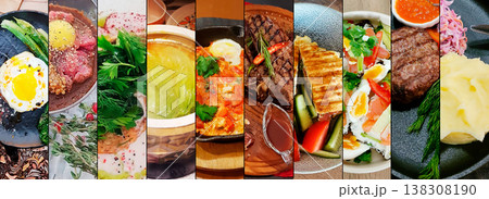 Background of dishes from the restaurant kitchen. Photo Collage of various food. Background of dishes from the restaurant kitchen. Photo Collage of various food. 138308190