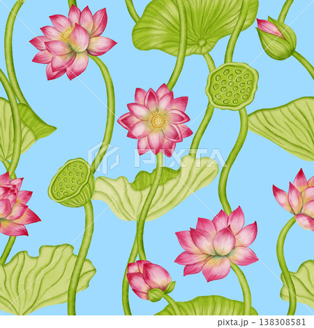 Lotus flower seamless pattern. An illustration of a pink water lily hand painted. Ideal for textiles, wallpaper, romantic decor, cosmetics, and medical products. 138308581