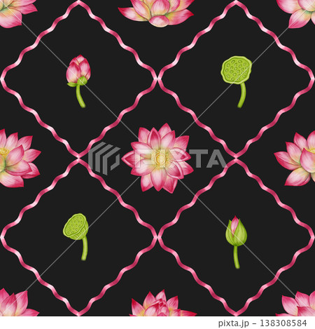 Seamless pattern with a lotus flower. A...のイラスト素材 [138308584] - PIXTA