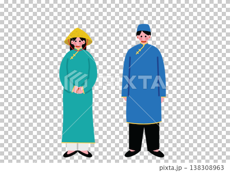 插圖描繪了一男一女身著越南傳統民族服飾的形象。 插圖描繪了一男一女身著越南傳統民族服飾的形象。 138308963