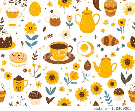 Whimsical Yellow and White Floral Pattern With Baked Goods and Coffee 138309003