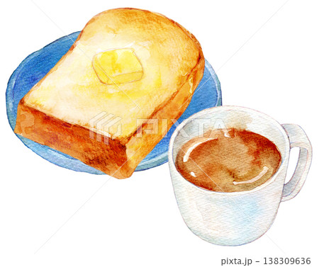 水彩イラスト 手描きイラスト パンとコーヒーのセット 水彩イラスト 手描きイラスト パンとコーヒーのセット 138309636