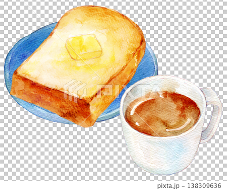 Watercolor illustration, hand-drawn illustration, bread and coffee set 138309636