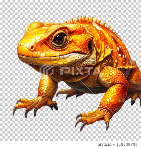 A photograph of a tropical iguana with fine scales and sharp eyes, isolated against a white background. 138309703