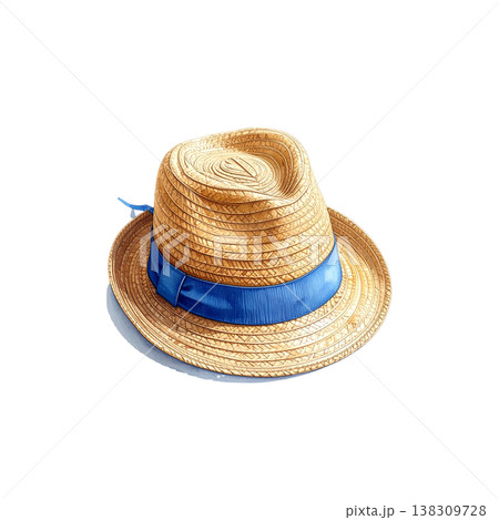 A stylish yellow woven Panama hat adorned with a brown ribbon sits against a white background. A stylish yellow woven Panama hat adorned with a brown ribbon sits against a white background. 138309728