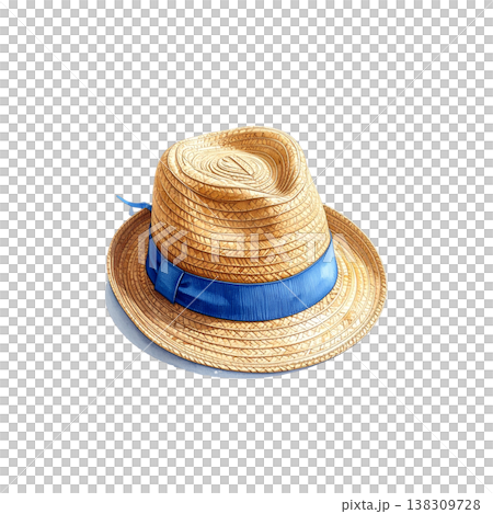 A stylish yellow woven Panama hat adorned with a brown ribbon sits against a white background. A stylish yellow woven Panama hat adorned with a brown ribbon sits against a white background. 138309728