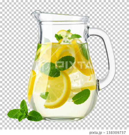 Refreshing chilled lime juice, a blend of lemon, lime, and mint leaves, served with ice on a white background. 138309737
