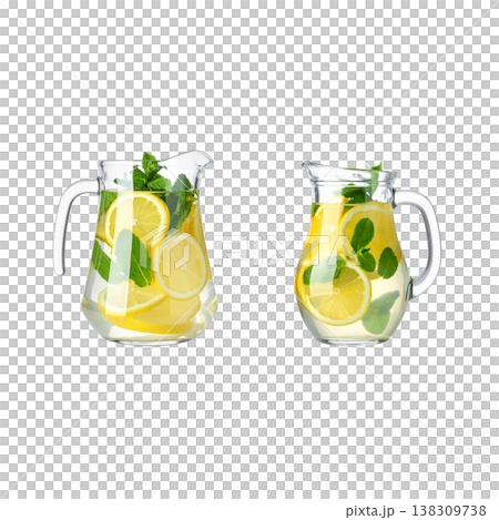 Refreshing chilled lime juice, a blend of lemon, lime, and mint leaves, served with ice on a white background. Refreshing chilled lime juice, a blend of lemon, lime, and mint leaves, served with ice on a white background. 138309738