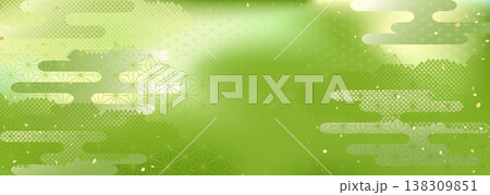 抹茶とミルクのようなグラデーションと伝統的な模様を合わせた和風背景イラスト 138309851
