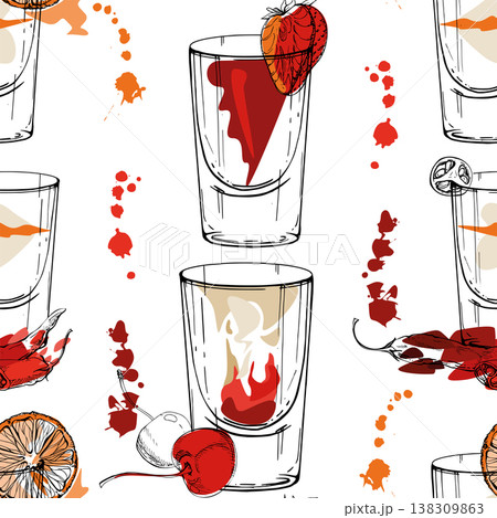 Brain hemorrhage, Bloody Mary, Flatliner shots. Light vector seamless pattern of red orange drinks in ink glasses with flat accents. Hand drawn for bar branding, menu backdrops, summer wraps, layouts. 138309863