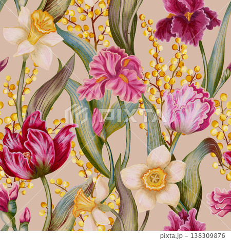Watercolor tulips, irises, daffodils, mimosa. Floral seamless pattern. Vintage romantic background. Tulip flowers pattern. Spring. Holiday. Wrapping paper. Card. Flowers. Botanical print 138309876