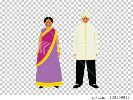 一幅描繪身著印度傳統服飾的男女的插圖。 一幅描繪身著印度傳統服飾的男女的插圖。 138309912