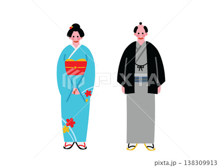 日本の伝統的な着物を着た男女のイラスト 138309913
