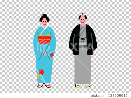 日本の伝統的な着物を着た男女のイラスト 138309913