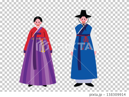 插圖描繪了一男一女身著韓國傳統民族服飾的形象。 138309914