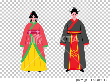Illustrations of men and women wearing traditional Chinese ethnic clothing. Illustrations of men and women wearing traditional Chinese ethnic clothing. 138309915