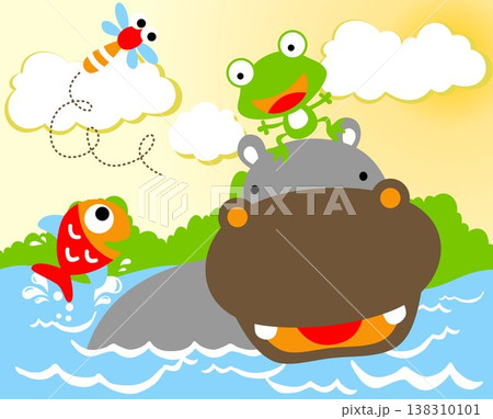 cartoon of hippopotamus and little friends 138310101