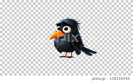 A bird with an orange beak and black feathers on a white background. A bird with an orange beak and black feathers on a white background. 138310350