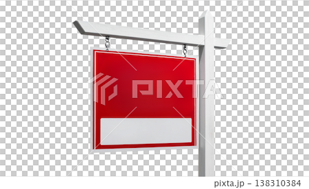 A modular 3D illustration of an empty red advertising sign and a metal signage emblem mounted on a white background. 138310384
