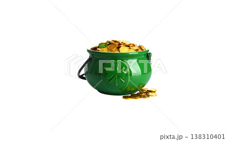 A golden pot filled with gold coins on a white background. 138310401