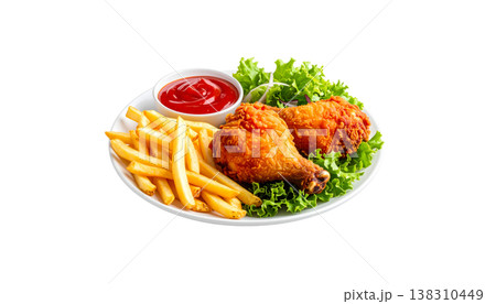 A delicious meal consisting of fried chicken wings with a tasty sauce and crispy fish and chips on a white background. 138310449