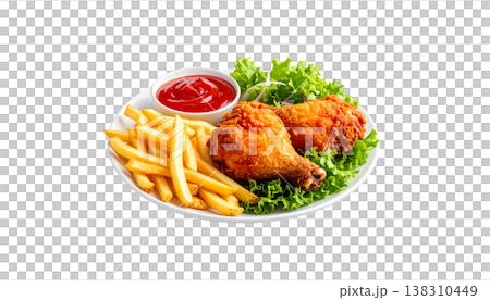 A delicious meal consisting of fried chicken wings with a tasty sauce and crispy fish and chips on a white background. 138310449
