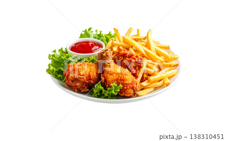 A delicious meal consisting of fried chicken wings with a tasty sauce and crispy fish and chips on a white background. 138310451