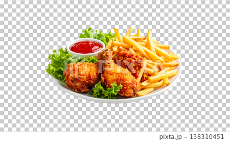 A delicious meal consisting of fried chicken wings with a tasty sauce and crispy fish and chips on a white background. 138310451
