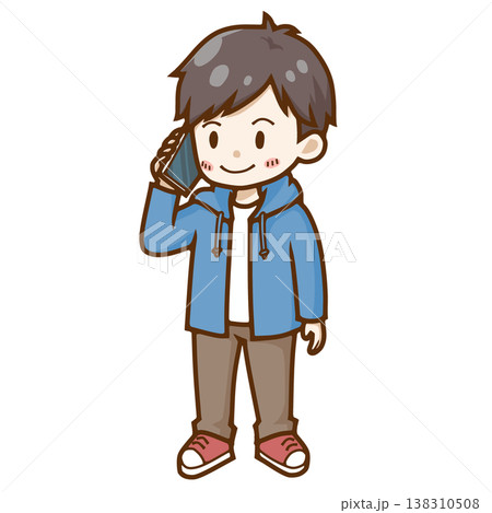 笑顔でスマートフォンで電話・通話をする若い男性のイラスト 138310508