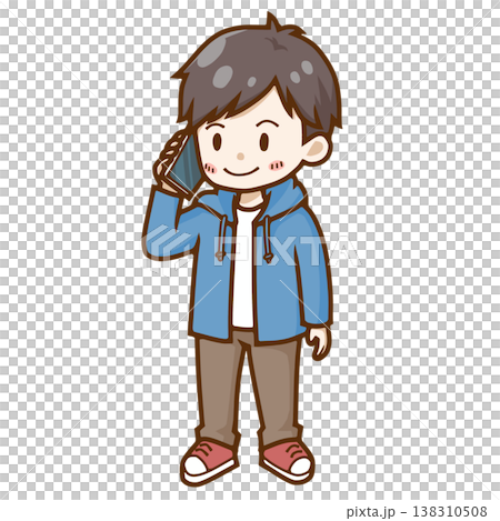 An illustration of a young man smiling and making a phone call on his smartphone. An illustration of a young man smiling and making a phone call on his smartphone. 138310508