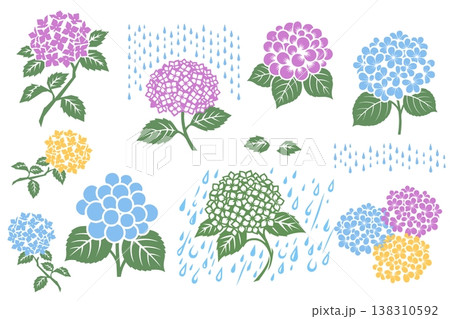 カラフルで版画風な紫陽花と雨粒の梅雨イラストセット 138310592