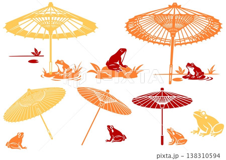 カラフルで版画風な紫陽花と雨粒の梅雨イラストセット 138310594