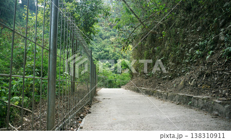 Concrete walkway in green forest with metal fence. Nature background. Concrete walkway in green forest with metal fence. Nature background. 138310911
