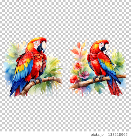 watercolor illustration with parrot and flowers 138310965