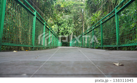 Wooden bridge with metal guard rails in the forest. Wooden bridge with metal guard rails in the forest. 138311045