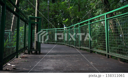 Green metal walkway in the park with green fence and tree background. Wood floor footpath. Green metal walkway in the park with green fence and tree background. Wood floor footpath. 138311061