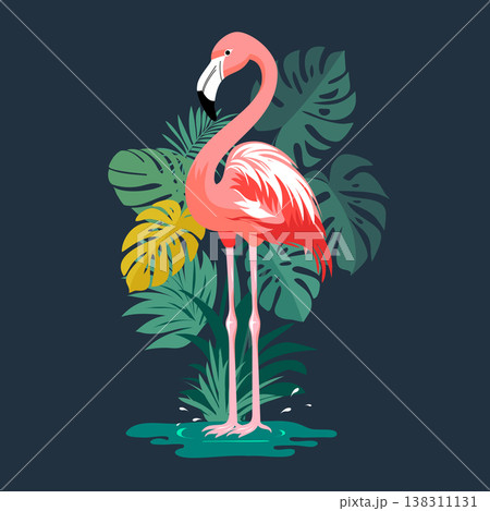 Minimalist flat vector illustration of a pink flamingo standing in water with tropical monstera and palm leaves on a dark background.	 138311131