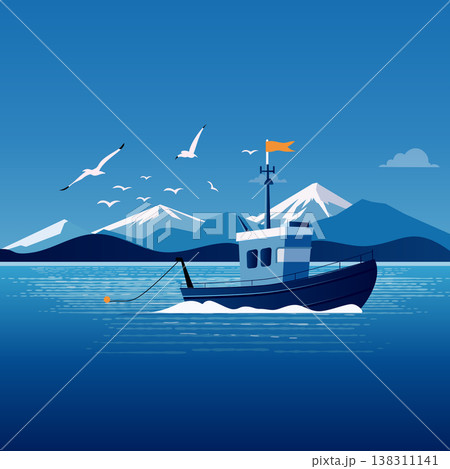 Vector illustration of a fishing boat at sea, with numerous seagulls circling around, against a backdrop of snow-capped mountains. Vector illustration of a fishing boat at sea, with numerous seagulls circling around, against a backdrop of snow-capped mountains. 138311141