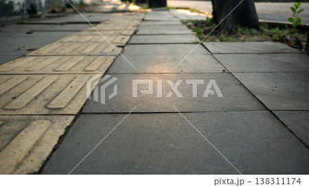 Paving stone walkway in the park at sunset time. Empty floor in perspective view for texture background. 138311174