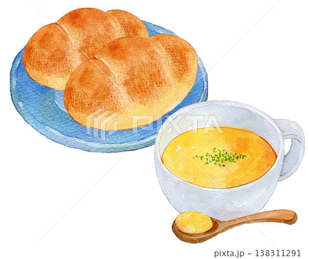 水彩イラスト 手描きイラスト パンとスープのセット 水彩イラスト 手描きイラスト パンとスープのセット 138311291