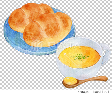 水彩插畫,手繪插畫,麵包和湯套裝 水彩插畫,手繪插畫,麵包和湯套裝 138311291