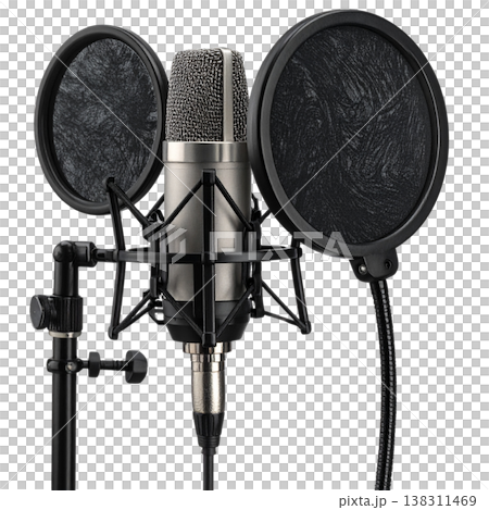 A professional-grade black microphone is placed against a white background. A professional-grade black microphone is placed against a white background. 138311469