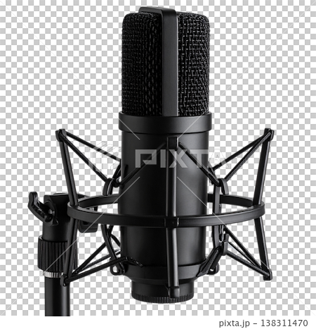A professional-grade black microphone is placed against a white background. 138311470