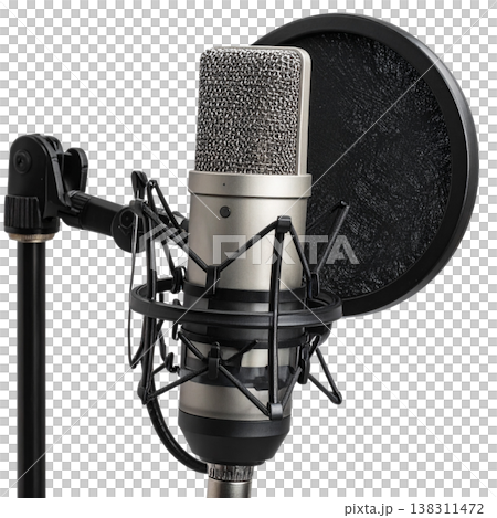A professional-grade black microphone is placed against a white background. A professional-grade black microphone is placed against a white background. 138311472