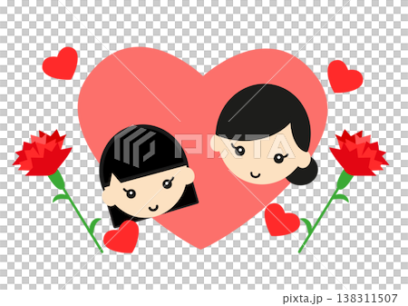 Mother's Day: A girl and her mother inside a heart with carnations – a symbol of gratitude. 138311507